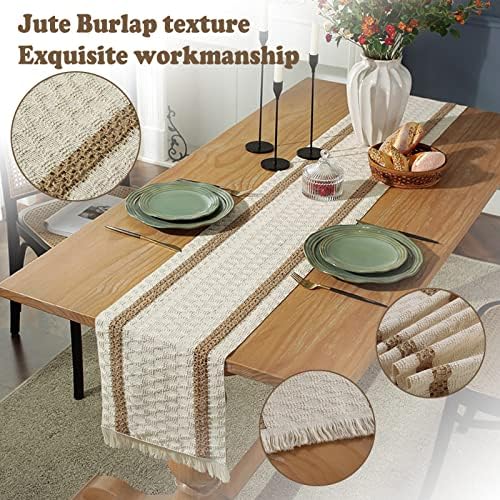 Boho Burlap Macrame Table Runner, Farmhouse Style Cotton Linen Rustic