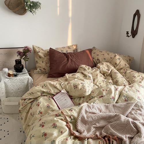 MKXI Yellowish Beige & Red Floral Duvet Cover Set Queen Size - 3 Piece