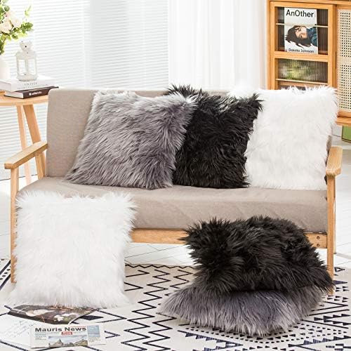 HYSEAS Set of 2 Decorative Faux Fur Throw Pillow Covers, Black Fluffy