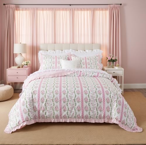 Brandream 100% Cotton Duvet Cover Set Queen, Pink Floral Rose
