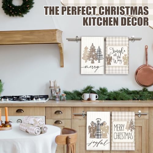 Hosuly 6 Pcs Christmas Kitchen Towels Wood Plaid Angel Dish Towels