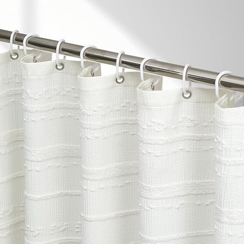 White Shower Curtain Boho, Textured Shower Curtain Cotton Blend Waffle