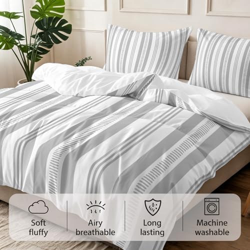 3 Pieces Bedding Set King Size, Grey Striped Soft Duvet Covers Set