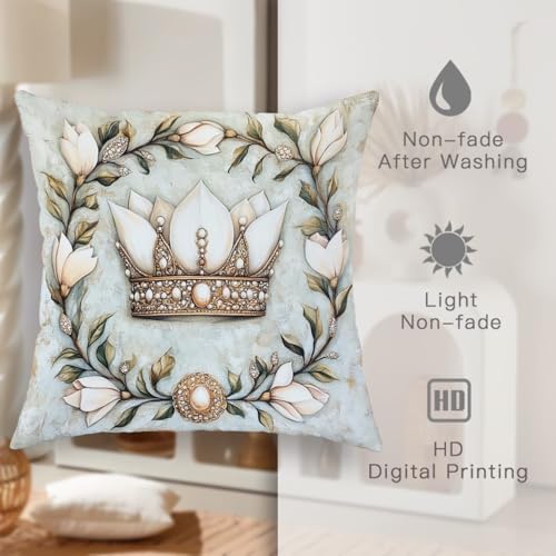 Magnolia Floral Crown Throw Pillow Covers Set of 2, Cream and Gold