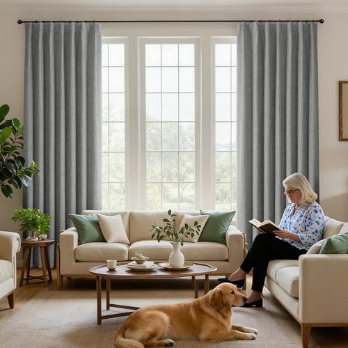 Joydeco Light Grey Pinch Pleated Linen Curtains 108 Inch Long, 100%