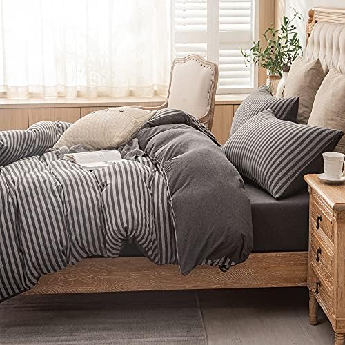 PURE ERA Jersey Duvet Cover Set Charcoal Dark Grey Stripe Full