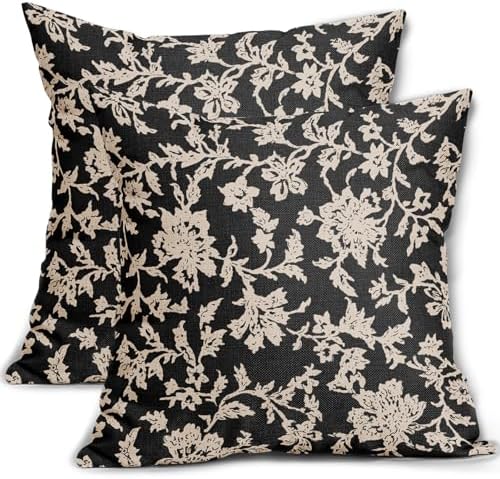 Black Floral Pillow Covers 20x20 Set of 2 Brown Cream Vintage Flower