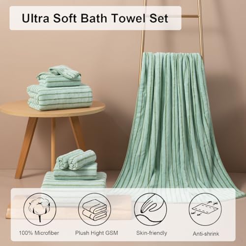 8 Pcs Green Cabana Stripe Large Bath Towel Set Oversized Bath Sheet-2