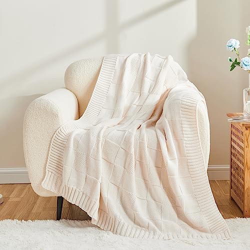CozeCube Cream White Knitted Checkered Throw Blanket 50"X60"