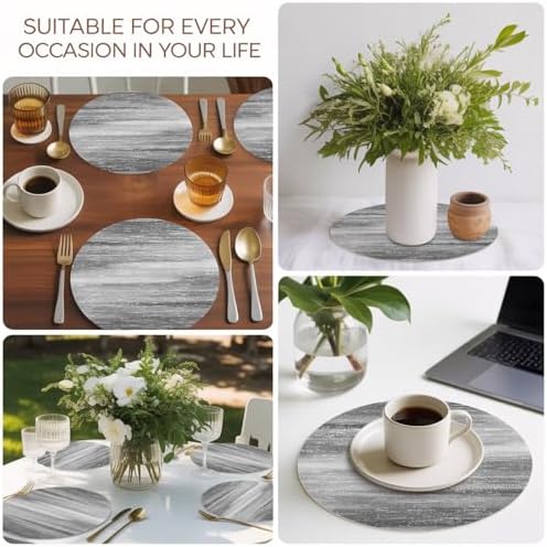 Minimalist Grey Wash Faux Leather Placemats Set of 6, 15in, Waterproof