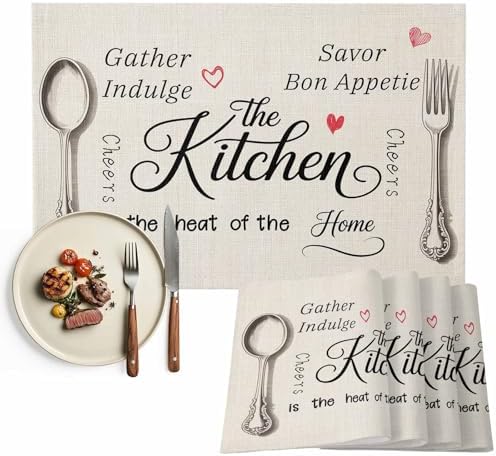 Placemats Set of 6, Beige Retro Art Cotton Linen Place Mats, Spoon