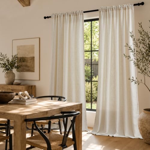 Beige Semi Sheer Light Filtering Linen Curtains 96 Inches for Living