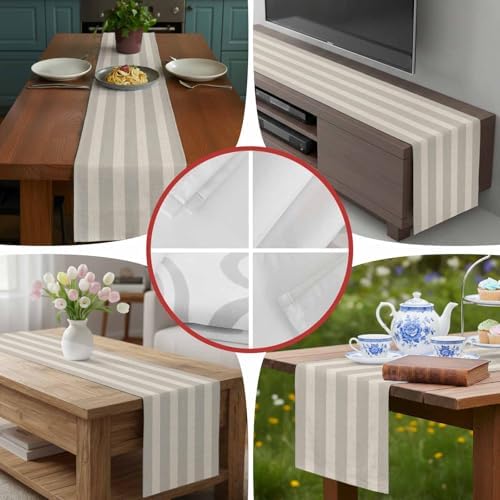 Minimalist Taupe Stripes Table Runner Farmhouse Linen Texture Dresser
