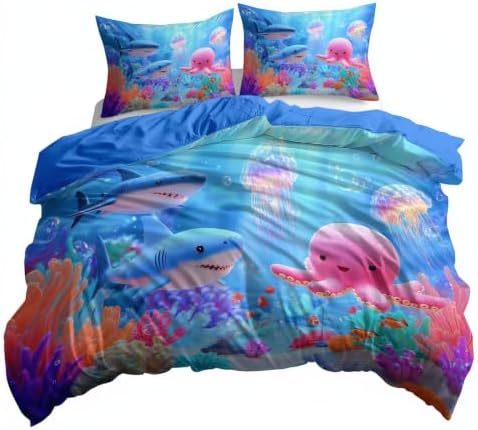 King Duvet Cover Set Soft Microfiber Aquarium Cartoon Blue