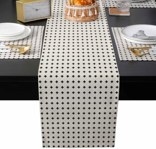 Black Minimalist Table Runner and Placemats Set of 6 Boho Creamy Beige