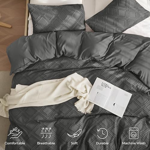 JELLYMONI Dark Grey Grid Tufted Duvet Cover Set Full Size
