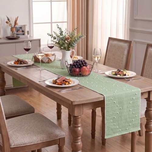 Artoid Mode Sage Green Farmhouse Rustic Cotton Woven Table Runner