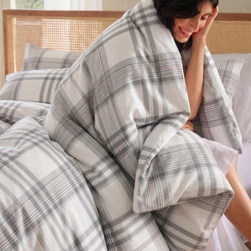 Merryword 100% Cotton Gray Plaid Duvet Cover Set, 100% Washed Cotton