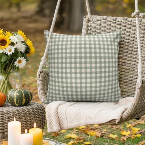 Outdoor Pillow Covers Set of 2, Rustic Sage Green Beige Checker