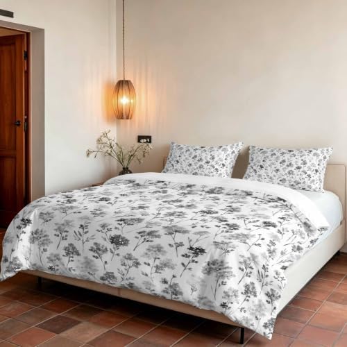 Grey Floral Duvet Cover Set 3 Pieces with Zipper Closure, Elegant