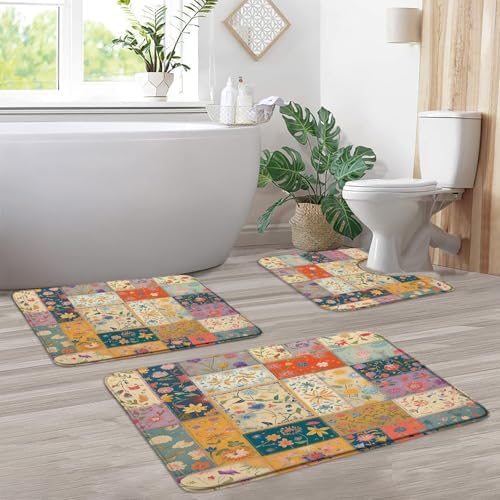 4 Pieces Bath Rugs Boho Floral Patchwork Vintage Country Multicolor