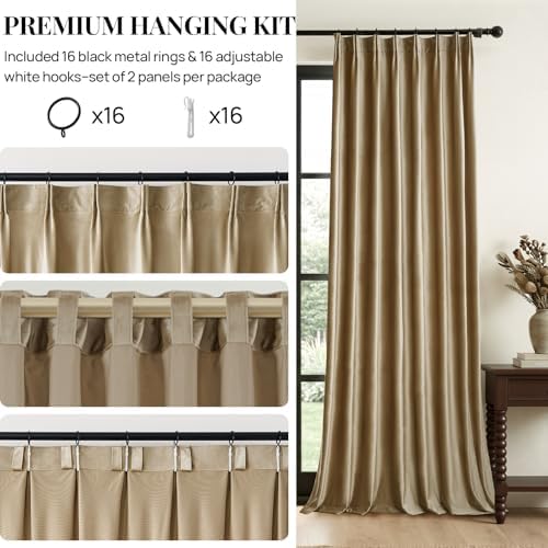 Taupe Velvet Pinch Pleated Curtains: 96 Inches Long 2 Panels Set