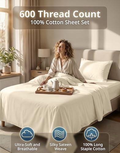 600TC 100% Long-Staple Cotton Twin Sheet Set - Premium Sateen Weave
