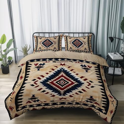 Duvet Cover Set, Pattern with Traditional Geometry, Decorative 3 Piece