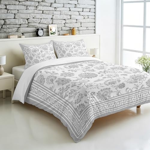 3 Pieces Bedding Set Queen Size, Grey Floral Soft Duvet Covers Set