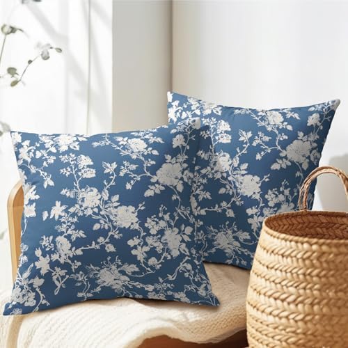 Kawani Vintage Floral Pillow Covers 22x22 Inch Set of 2 Rustic Blue