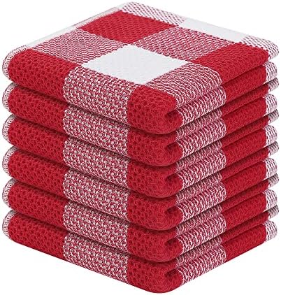 Homaxy 100% Cotton Check 6 Pack Dish Cloths, 12" x 12", White & Red