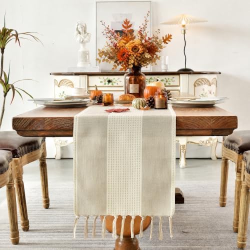 Wracra Linen Table Runner, Stripe Table Runners 72 Inches Long Light