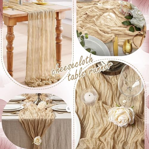 8 Pack Beige Cheesecloth Table Runner 10FT Long Boho Gauze Fabric