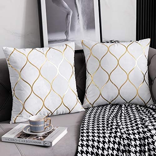 DEZENE Gold Velvet Throw Pillow Covers Off White: 2 Pack 20x20 Inch