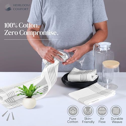 Grey and White Cotton Kitchen Towels 3 Pack, 16x26 Inch, Waffle Weave