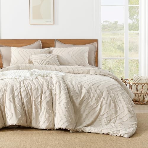 Litanika Oversized King Comforter Set Beige, 3 Pcs Boho Tufted Bedding