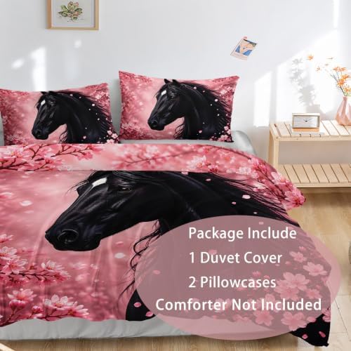 AILONEN Black Horse Duvet Cover Set King, Pink Petal Botanical 3-Piece