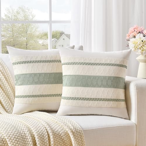 Fancy Homi Set of 2 Sage Green Boho Decorative Throw Pillow Covers