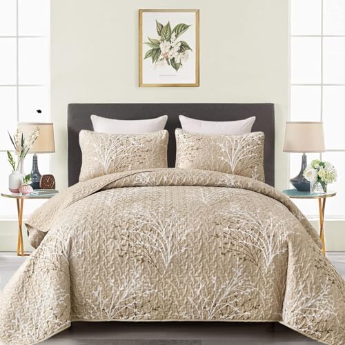 DJY Beige Quilt Set Queen Size - Branch Botanical Bedspread Coverlet