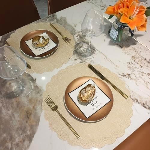 Round Placemats Set of 6, 15 Inch PU Faux Leather Easy Wipe Non-Slip