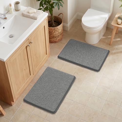 Bcoimo Bath Rug Mat Sets, 2 Piece Extra Soft Chenille Gray Bathroom