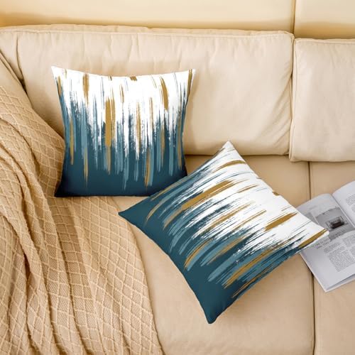 Teal White Yellow Throw Pillow Covers 22x22 Set of 2 Modern Oil