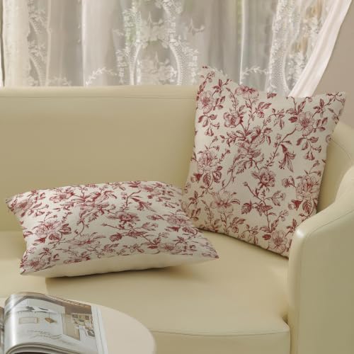 Red Vintage Floral Pillow Covers 18x18 Inch 2 Pcs Christmas Red Cream