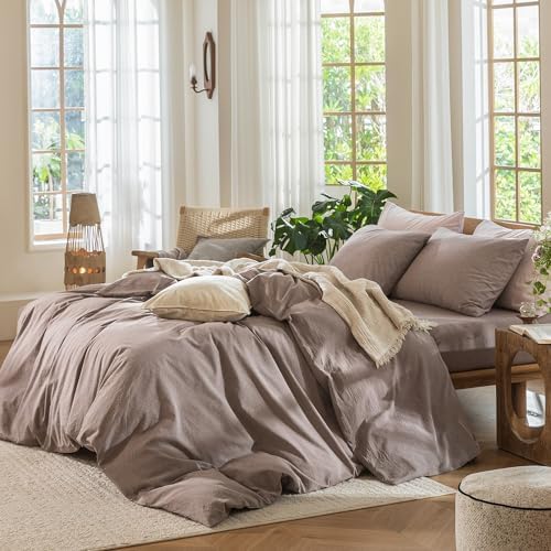 MooMee Duvet Cover Set 100% Washed Cotton Linen Like Queen