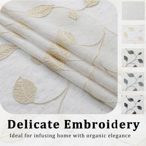 OVZME Natural Sheer Curtains 63 Inch Length 2 Panels Set, Leaf