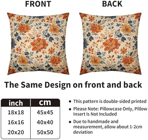 Orange Blue Fall Floral Pillow Covers 20X20 Set of 2, Autumn Colored