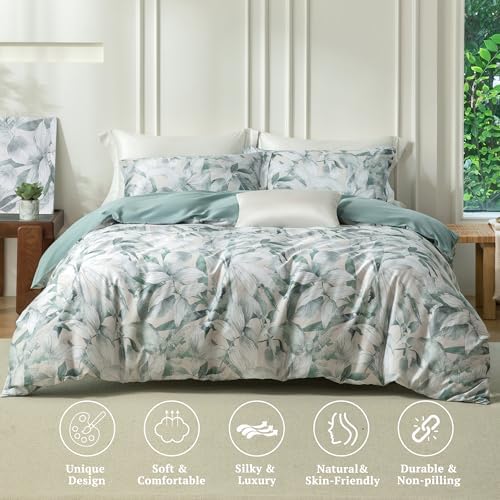 MILDLY Sage Green Leaves Duvet Cover Set 3pcs for All Season Queen