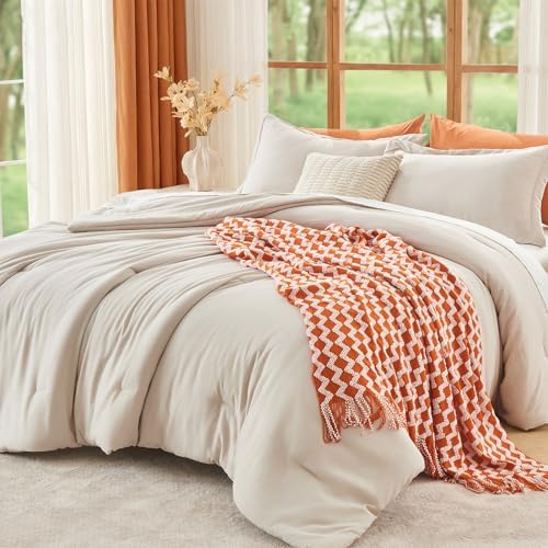 MUXHOMO Cal King Comforter Set, 3-Piece All-Season Bedding, Beige