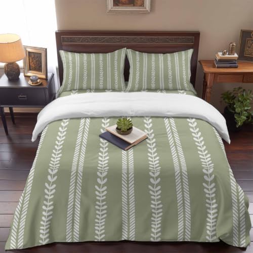 Leaf Stripes California King 4 Piece Duvet Cover Set, Botanical Rustic