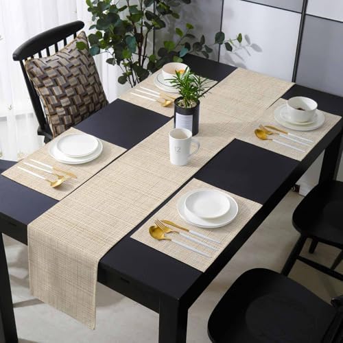 Table Runner and Placemats Set of 6 Beige Linen Texture Table Runner